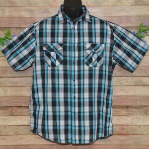 Beverly Hills Polo Club Mens Blue Black Plaid Pearl Snap Western Shirt Size XL